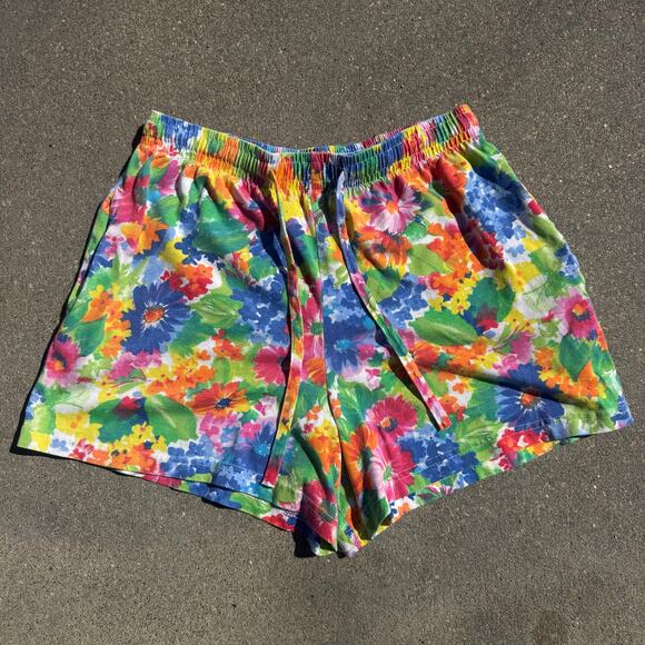 90s Pinwheels Bold Colorful Floral Pull On Elastic Waist Lounge Shorts Cotton - Picture 3 of 10